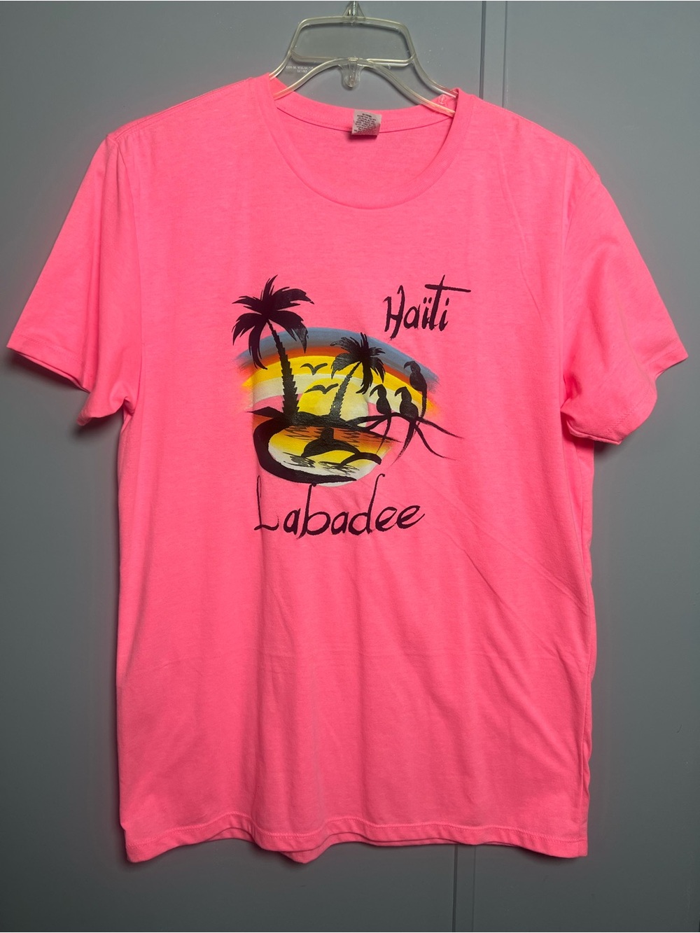 Pacific Haiti Labadee Palm Trees Sunset Handpainted Graphic Tee Pink L Travel